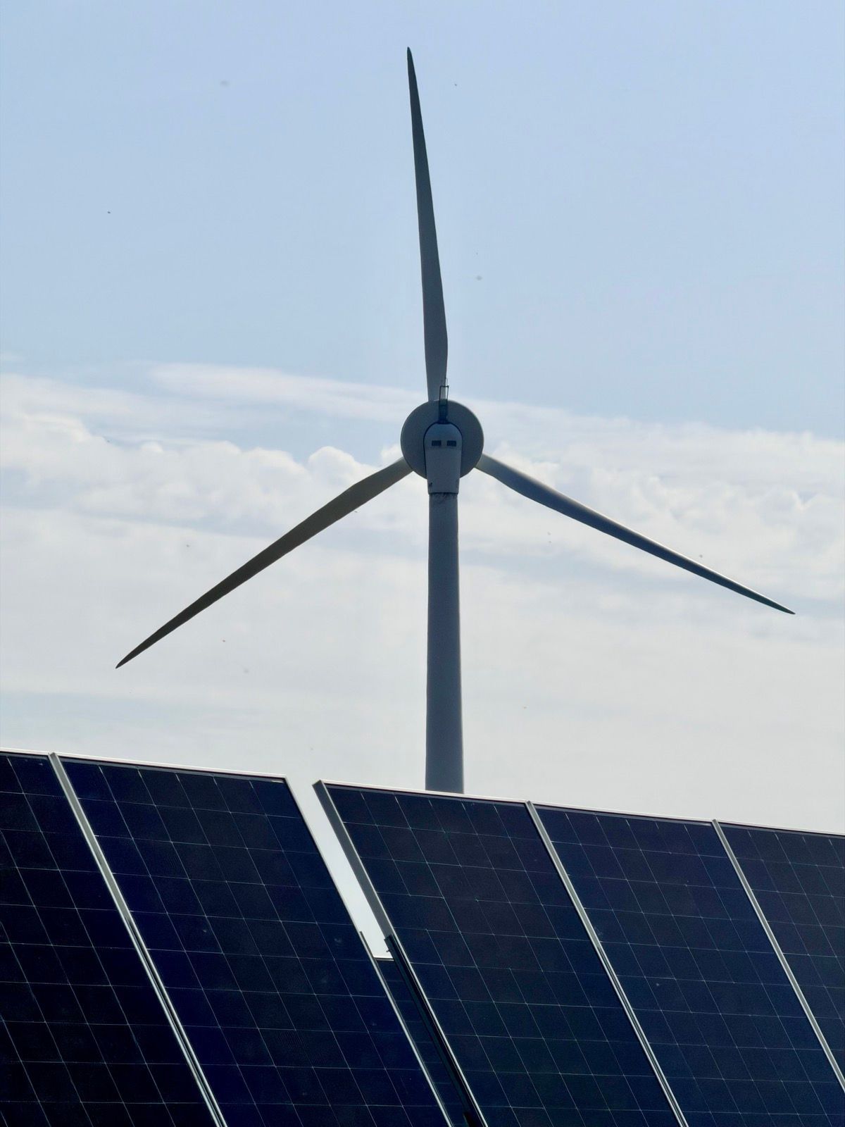 A wind turbine rises behind solar panels against a pale sky.