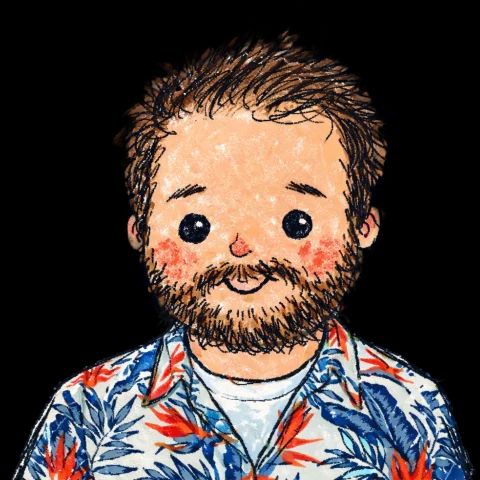 A scruff hand-drawn illustration of a man, with brown hair and beard, wearing a white shirt with blue and orange flowers.
